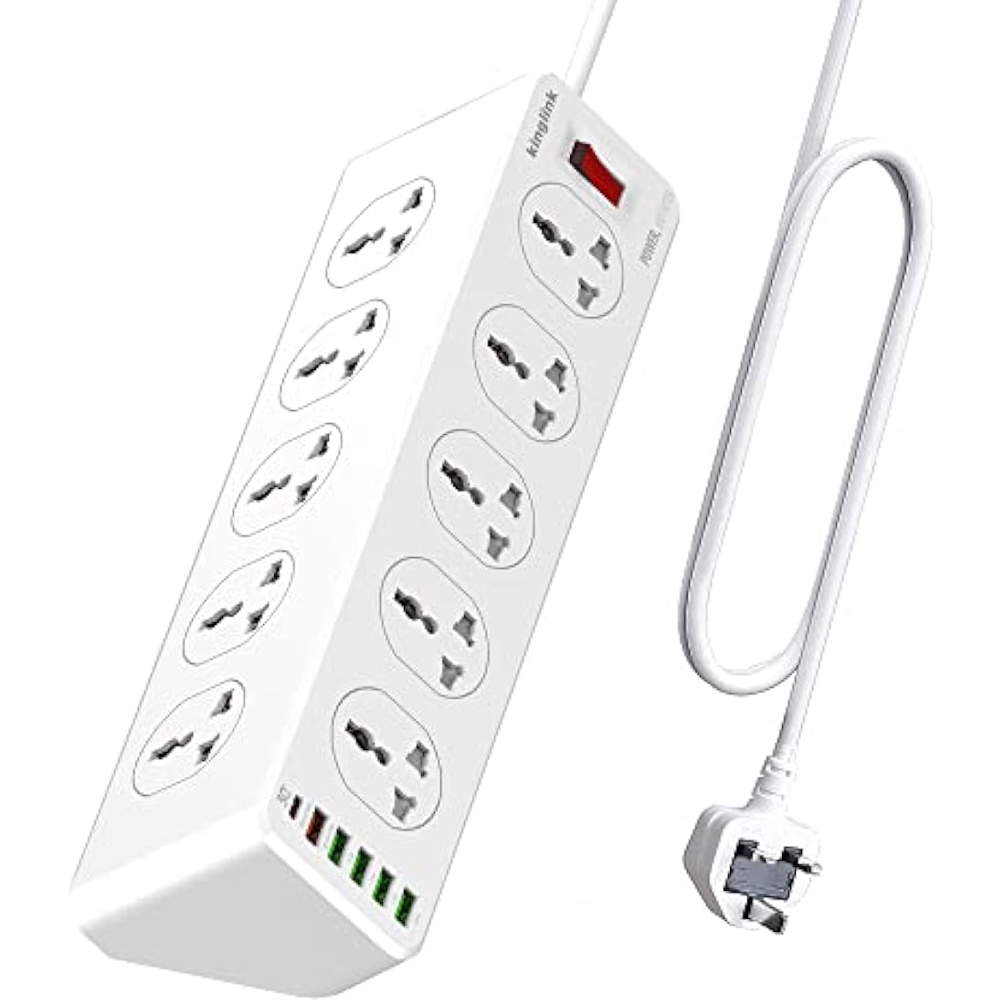 10 Way Extension Lead with USB Slots, 10 Gang Power Strip with 6USB(1 Type C + 5 USBA), Surge Protection Extension Cable, Extension Cord 2 Meter for Home Office, White