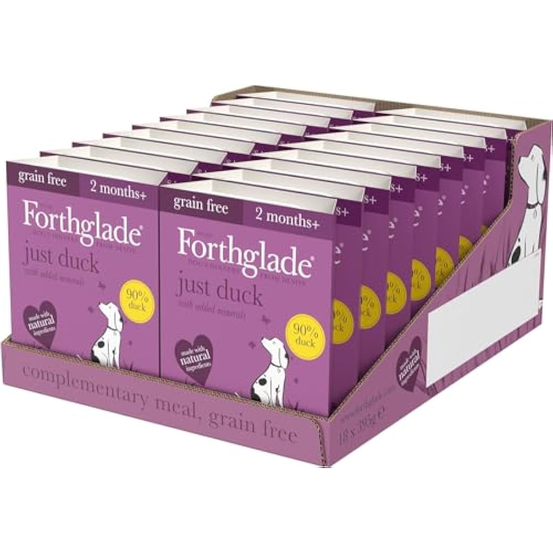 Forthglade Complementary Wet Dog Food (18 x 395g Trays) - Grain Free & Hypoallergenic Dog Food, Just 90% Duck with Vegetables, Stomach Sensitive Meals with Natural Ingredients