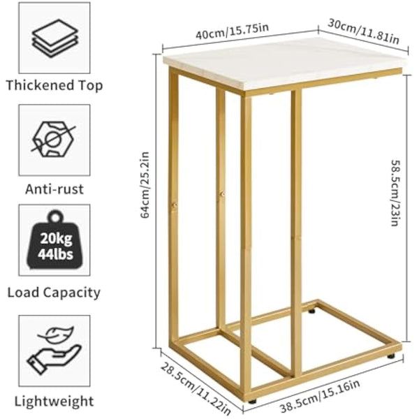 Aibiju C Shaped Side Table, End table, Laptop Holder Table for Study, Work, Industrial for Small Space,Living Room, Bedroon, Metal Frame, Modern, White Faux Marble and Gold Metal Frame, YD-TM051G
