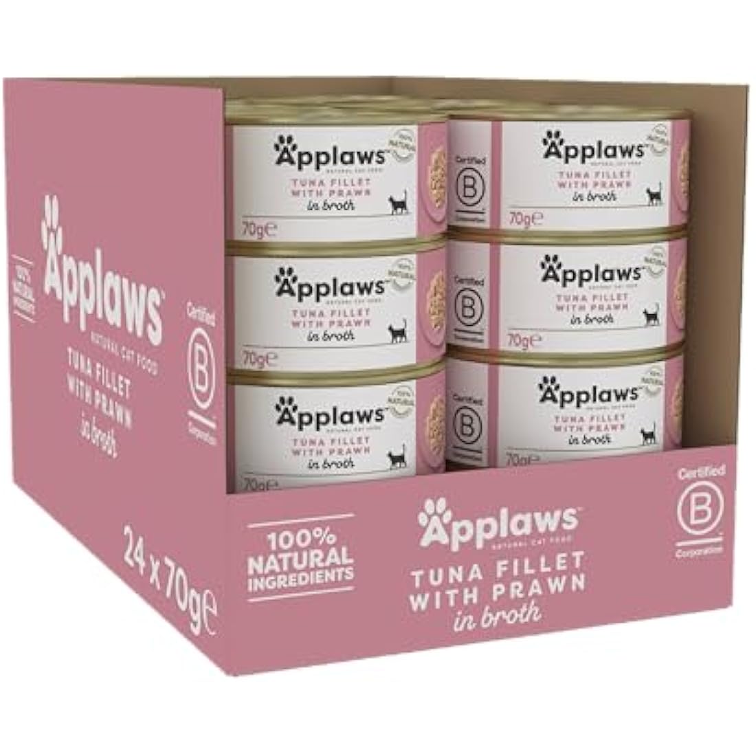 Applaws 100% Natural Wet Cat Food Tins, Tuna Fillet with Prawn in Broth 70 g for Adult Cats (24 x 70 g Tins)