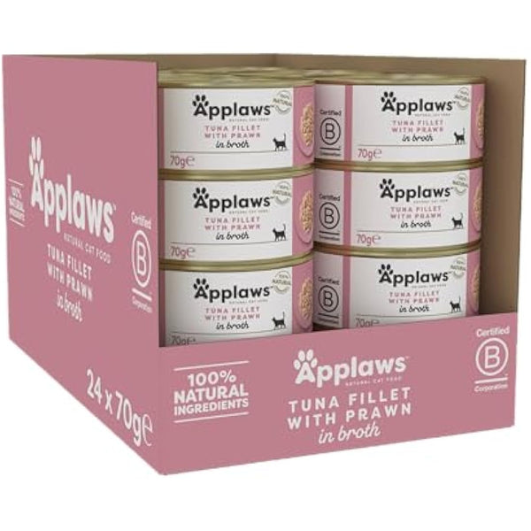 Applaws 100% Natural Wet Cat Food Tins, Tuna Fillet with Prawn in Broth 70 g for Adult Cats (24 x 70 g Tins)