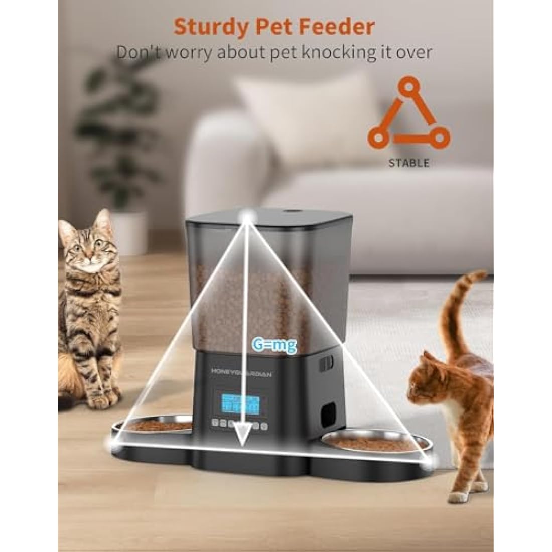 HoneyGuaridan Automatic Cat Feeders for 2 Cats, 3.5L Cat Food Dispenser with Double Bowls,Two Way Splitter Timed Cat Feeder for Dry Food, Programmable 1-6 Meals Control, Dual Power Supply, 10s Call