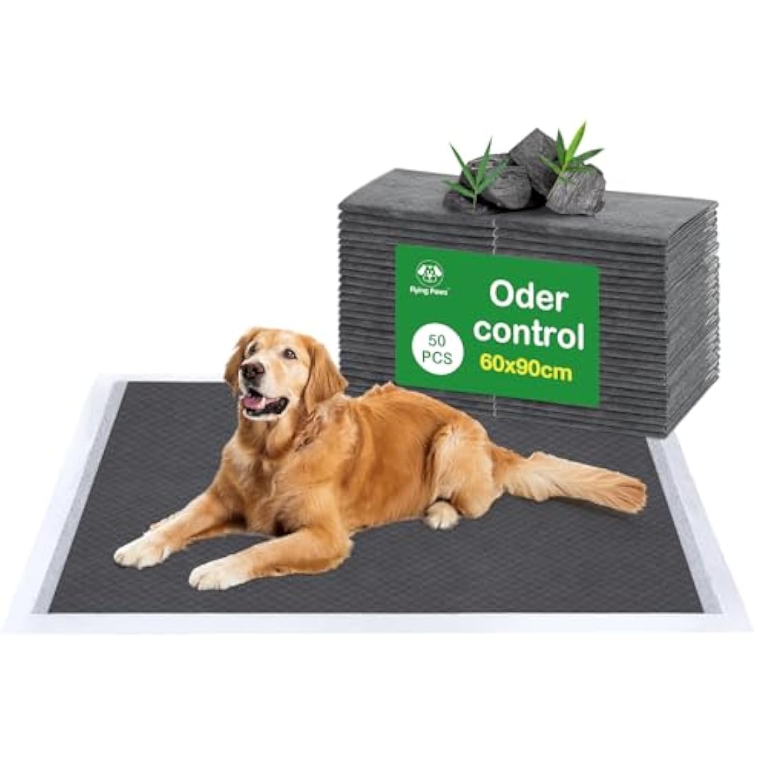 Flying Paws Puppy Pads 50 Pack, 60x90 cm Super Absorbent Pet Dog Training Pads, Leakproof Pee Pad with Charcoal Odour Control, Ideal for Larger Pets Floor Protection Toilet Pee Mat XL-50
