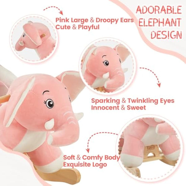 FUNLIO Elephant Baby Rocking Horse for Toddlers 6 Months to 3 Years, Cute & Graceful Pink Elephant Rocker for Baby Girl, Stuffed Plush Ride-on Rocking Animal, Easy to Assemble, CPC & CE Certified