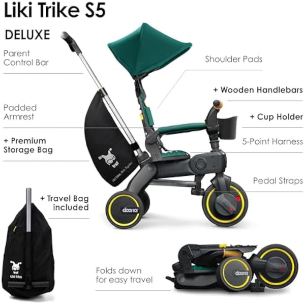 DOONA Liki Baby Trike S5 - Deluxe Foldable Toddler Tricycle with parent handle for ages 10 Months to 3 Years - Racing Green