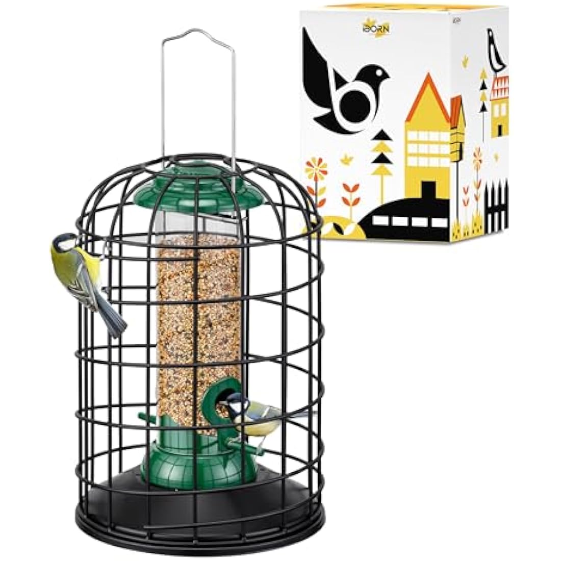 iBorn Squirrel Proof Bird Feeder with Squirrel, Pestoff Hanging Wild Bird Seed Feeder for Mix Seed Blends, Sunflower Heart, Birdbath, Heavy Duty All Metal Anti-UV Finishing, Green 8 Inch