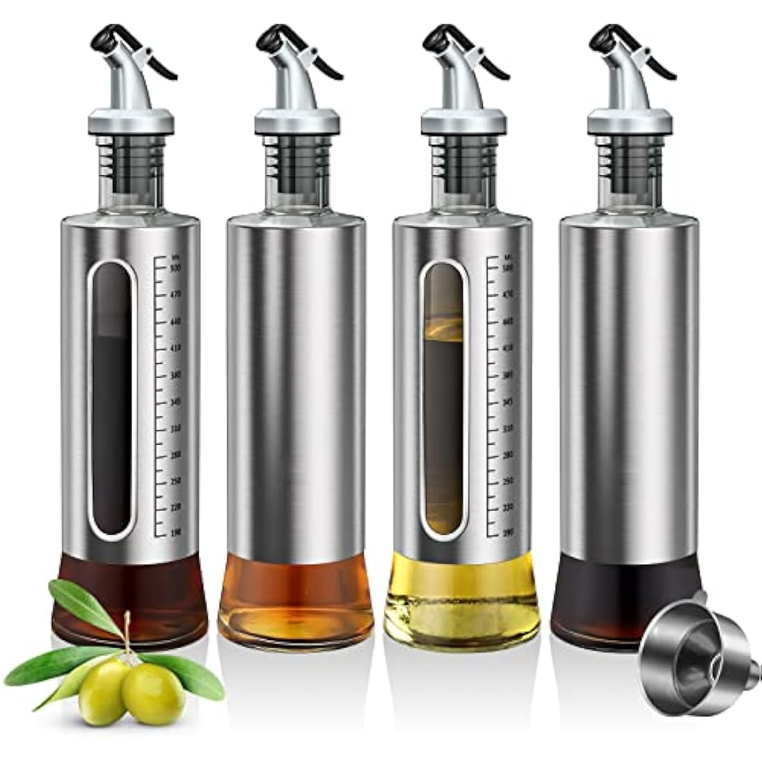 ACEWARMS Oil dispenser bottle for kitchen, Olive oil bottles with drizzlers, Vinegar bottles, 500ml 4Pack glass soy sauce bottles with lids+Stainless steel funnel (500ml 4Pack)