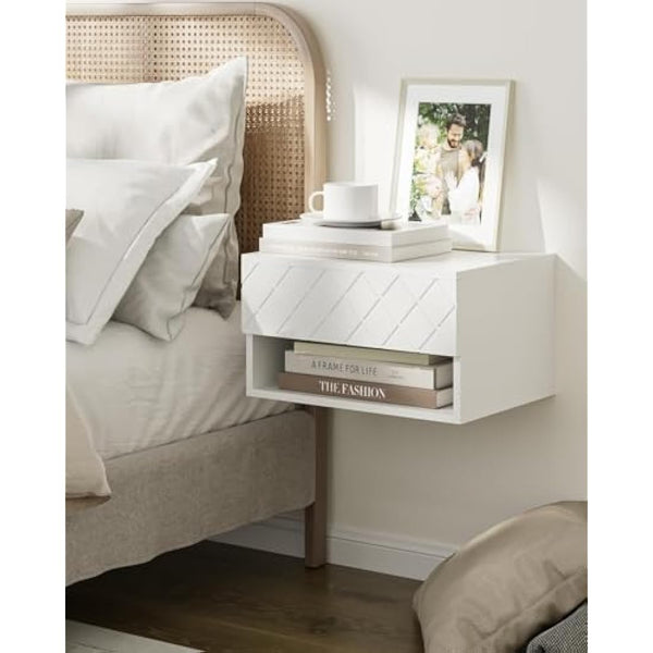HEYZOEY Floating Bedside Table, Small Modern Nightstand With Drawer, Shelves for Bedroom, Bathroom, White Diamond