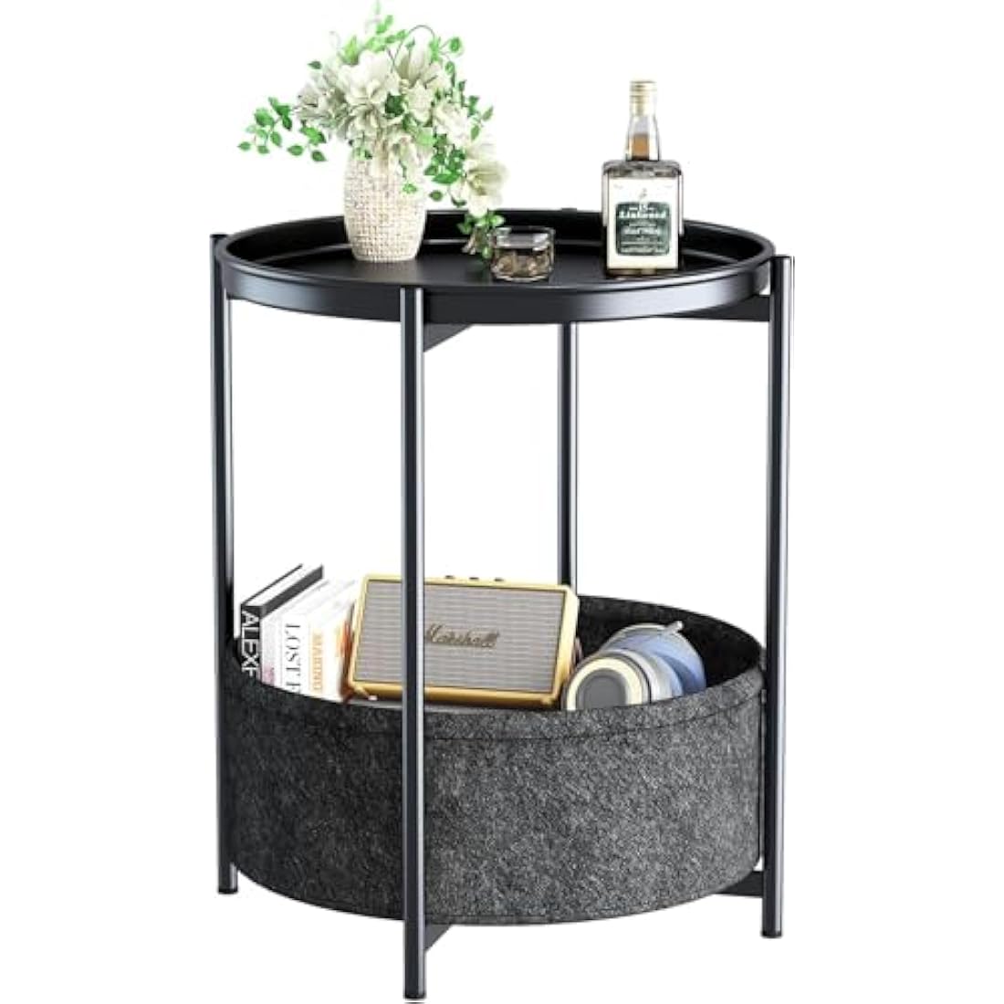 Huhote Side Table, Round End Table with Fabric Basket, Small Bedside Tables, Nightstand Sofa Tables for Living Room, Bedroom, Bathroom, Balcony, Modern Style (Black)