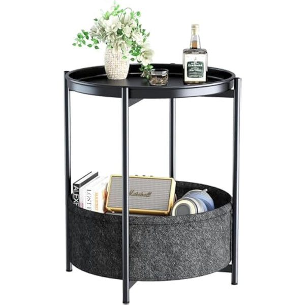 Huhote Side Table, Round End Table with Fabric Basket, Small Bedside Tables, Nightstand Sofa Tables for Living Room, Bedroom, Bathroom, Balcony, Modern Style (Black)