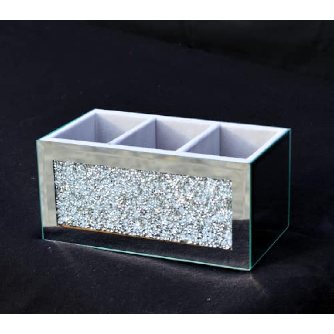 EagleWiz Crushed Diamond Jewel Brush Holder Organiser Beauty Box, 3 Compartment Makeup Storage Box, Silver