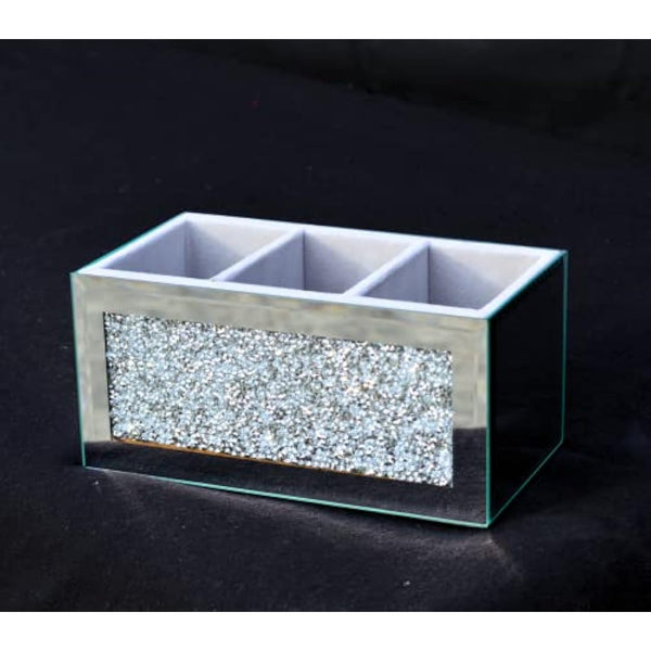 EagleWiz Crushed Diamond Jewel Brush Holder Organiser Beauty Box, 3 Compartment Makeup Storage Box, Silver
