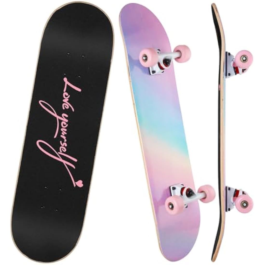 ILAHUI Skateboard for Teenagers, Girls, Adults, Beginners - 7 Layers Maple Wood Deck 80 x 20 cm - Rainbow Powder