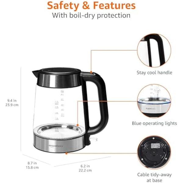 Amazon Basics Electric Glass Kettle, 1.7 Litres, Black, Silver