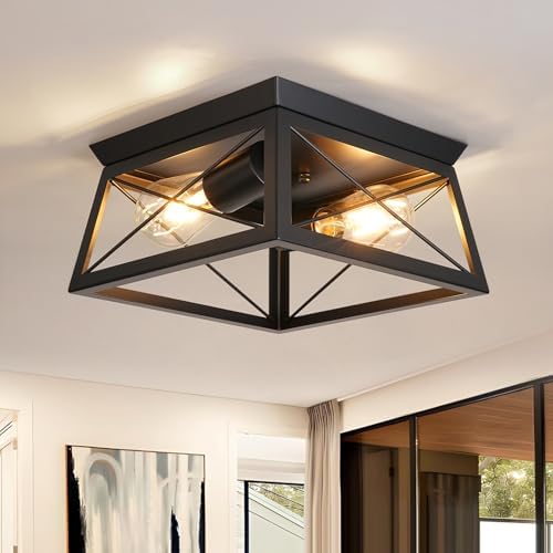 FORCOSO Black Ceiling Lights 2 Lights - Modern Industrial Ceiling Lamp E27 Flush Mount LED Metal Cage Vintage Ceiling Light Fixture for Living Room Bedroom Kitchen Hallway - NO Bulb