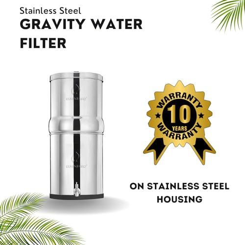 EuroGuard Gravity Water Filter System 8.5L, 304 Stainless Steel Drinking Water Purifier System with Two Carbon Water Filters | Premium Metal Tap | Best for Camping, Outdoors or Home