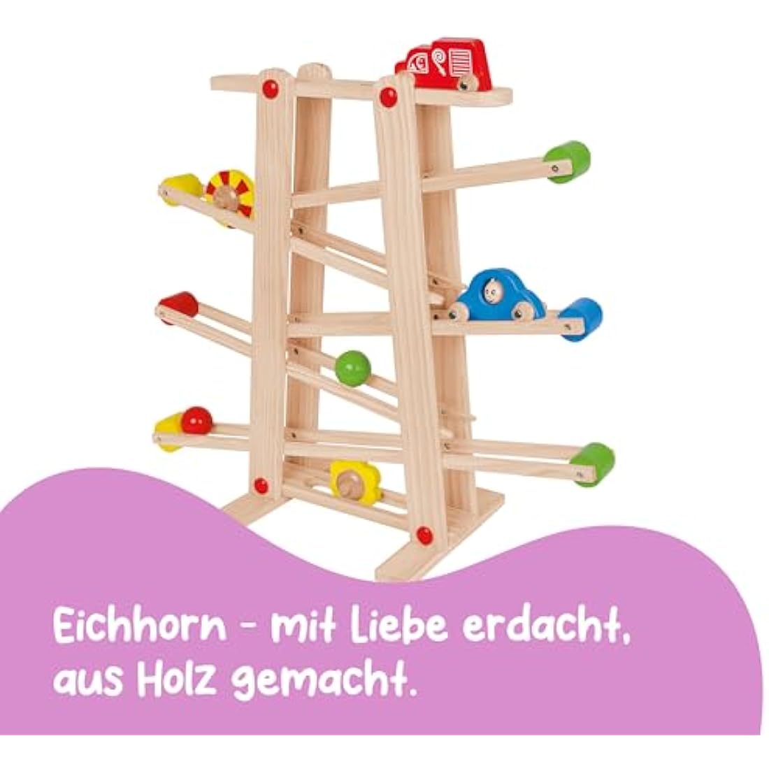 Eichhorn Wooden Marble Run Game | Marble Run for Kids with Colourful Cars and Bright Shapes | Multi-level Play | For Ages 1+