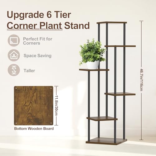 LyTaispuly 6 Tier Oak Wood & Metal Plant Stand, 115cm Tall, Indoor/Outdoor, 55kg Load Capacity, Easy Assembly, Corner Design