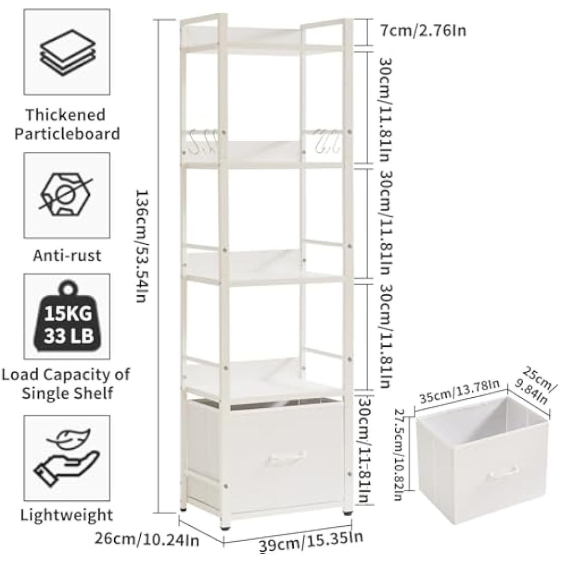 Aibiju Ladder Shelf, Bookshelf, 5 Tier Bookshelf with Drawer, Plant Stand, Living Room Bookcases for Living Room, Bedroom, Kitchen, Steel Frame,White YD-BC001W