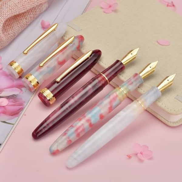 Hong Dian N9 Fountain Pen, Long Leaf Medium Point Gold Ornaments, Wine Red and Acrylic Design with Converter and Metal Pen Box