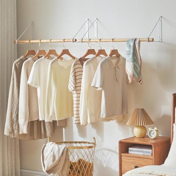 IBUYKE Wall Wardrobe Coat Rack,Wood Wall Mounted Clothes Rail,Hallway Furniture in Industrial Style, Modern Wardrobe Rail，Coat Rack for Entrance, Wall, Door, Bathroom, Bedroom,White TYJ005W-2