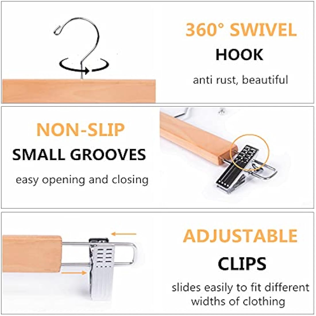 Amber Home 36cm Natural Wooden Pants Hangers 20pcs, Smooth Wood Skirt Hanger Organizer with Adjustable Anti-Slip Chrome Clips, Space Saving Solid Clothes Hangers Rack for Bottoms Jeans Slacks Trousers