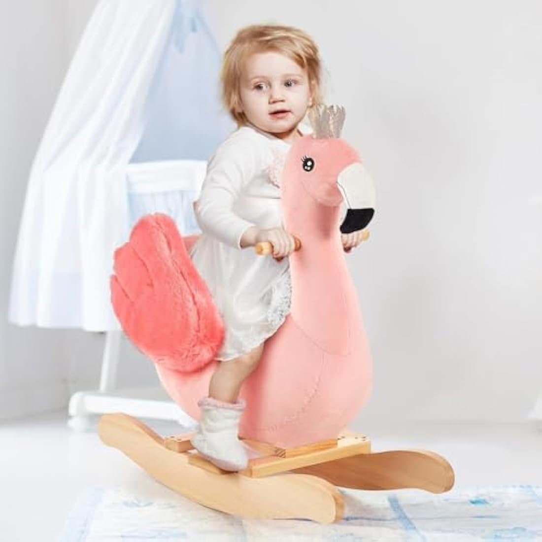 FUNLIO Flamingo Baby Rocking Horse for Toddlers 6 Months to 3 Years, Cute & Graceful Pink Swan Rocker for Baby Girl, Stuffed Plush Ride-on Rocking Animal, Easy to Assemble, CPC & CE Certified