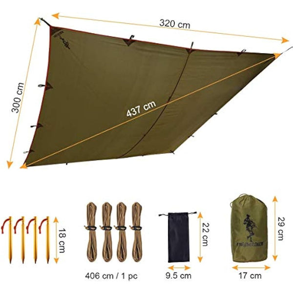 FREE SOLDIER Camping Tarp Waterproof 3m x 3.2m Large Hammock Tent Tarp Portable Tarpaulin Anti-UV Shelter Sun Block Sunshade Awning for Camping Hiking Traveling Outdoor Sports (Brown with Nails)