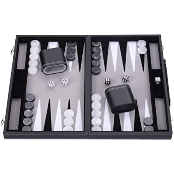 Engelhart - 250509 - Large Luxury Backgammon 18 Inches - 45 cm - Faux Leather & Felt Inlay - Pearl Dice & Chips + 2 Cups - Strategy Game - Pro & Leisure