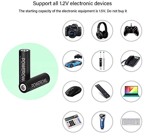 POWEROWL 8 Pcs 2800mAh AA Rechargeable Batteries with 8 Slot Battery Charger, USB Fast Charging, Input DC 5V 2A, Output 1.4V 250mA, Independent Slot