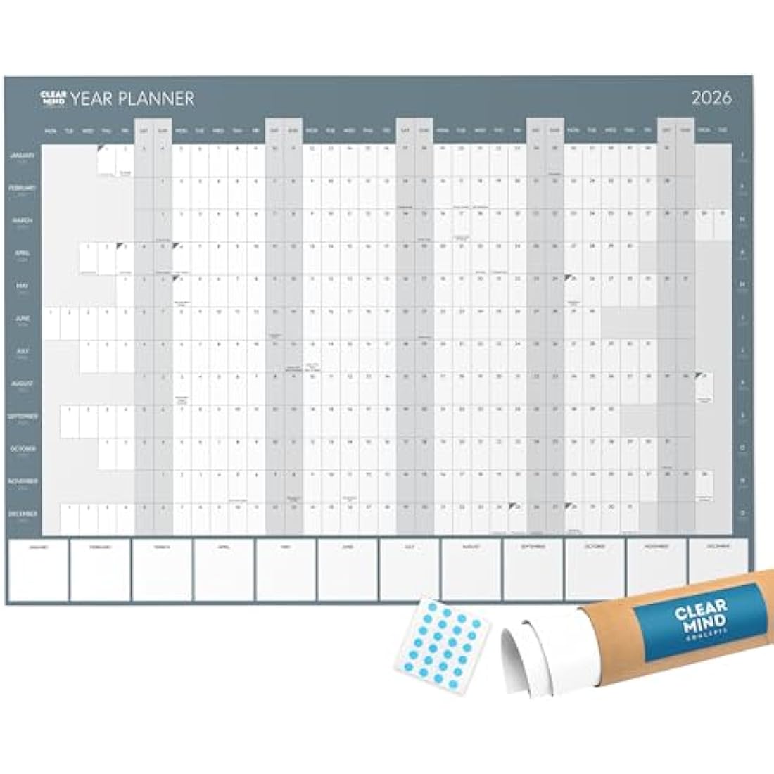 2026 Year Wall Planner by Clear Mind Concepts® - Large A1 (84.1 x 59.4cm) Calendar - Includes All Bank Holidays - Ideal for Home, Work, Students & Office - Delivered Rolled in a Tube