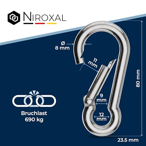50 pieces 8-mm Stainless steel snap hook without thimble made of V4A robust shape without eye breaking load 1500 kg snap-on hooks fire brigade carabiner 316 8x80-mm