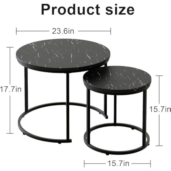 Huhote Round Coffee Tables, Set of 2 End Table, Nesting Tables, Side Table with Metal Frame for Living Room/Bedroom/Balcony/Office/Apartment, Diameter 23.6/15.7 IN (Black Frame, Black Marble Top)