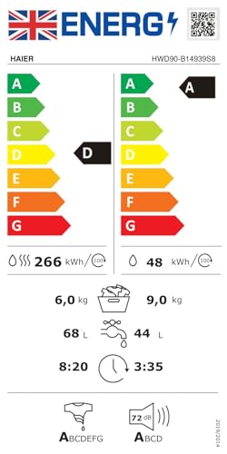 Haier HWD90-B14939S8 Freestanding Washer Dryer, 9kg/6kg Load, 1400RPM, Graphite [Energy Class D]