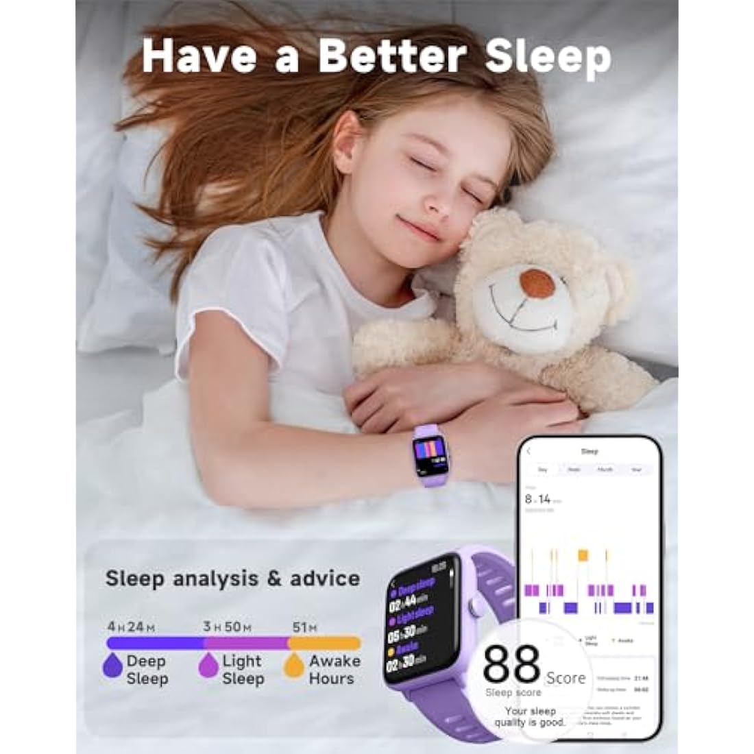 BIGGERFIVE Kids Fitness Tracker Watch, Pedometer, Heart Rate, 5ATM Waterproof, Sleep Monitor, Alarm Clock, Calorie Step Counter, Puzzle Games, 1.5" HD Touch Screen Kids Smart Watch for Girls Ages 3-14