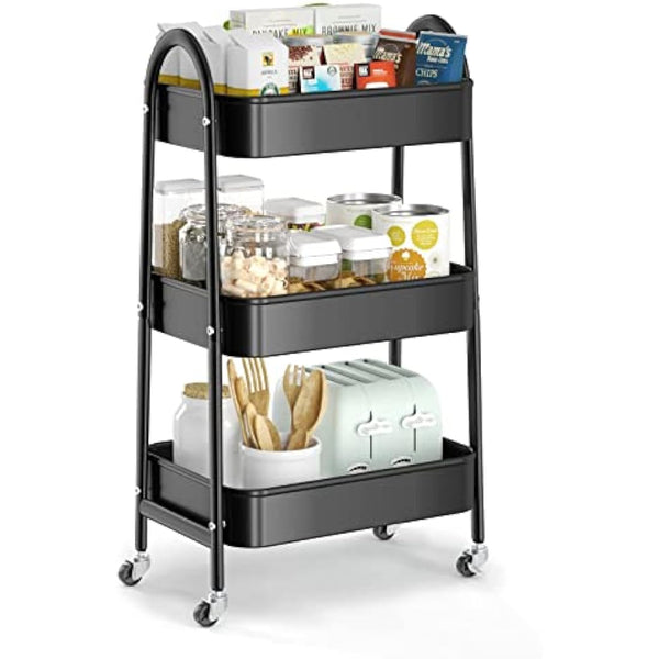 EAGMAK 3 Tier Metal Storage Trolley, Utility Rolling Cart with Handle and Lockable Wheels, Multifunctional Storage Organizer Trolley with Mesh Baskets for Kitchen, Living Room, Office, Garage (Black)