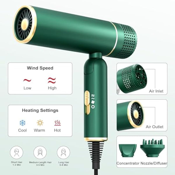 7MAGIC Travel Ionic Hair Dryer, Lightweight Foldable Blow Dryer with Diffuser for Curly Hair & Constant Temperature Care, Anti-Hair Suction Technology Hairdryers for Women, Green