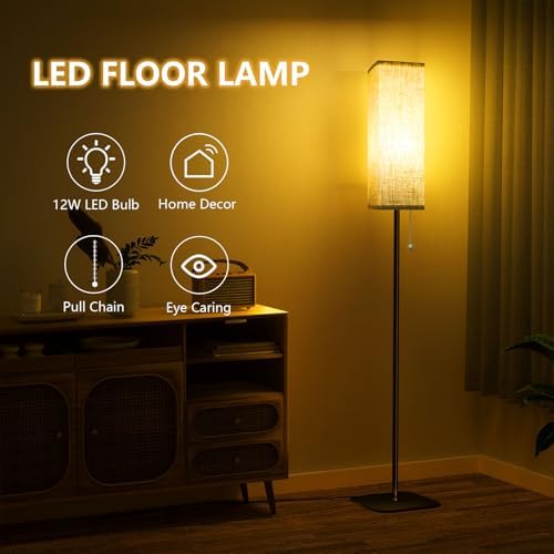 Floor Lamp for Living Room, Floor Standing Lamp with Pull Chain Control, 3 Color Temperatures 2700k-6500k Tall Lamp, LED Stand Lamp with Linen Shade for Living Room, Kids Room, Bedroom, Office Reading