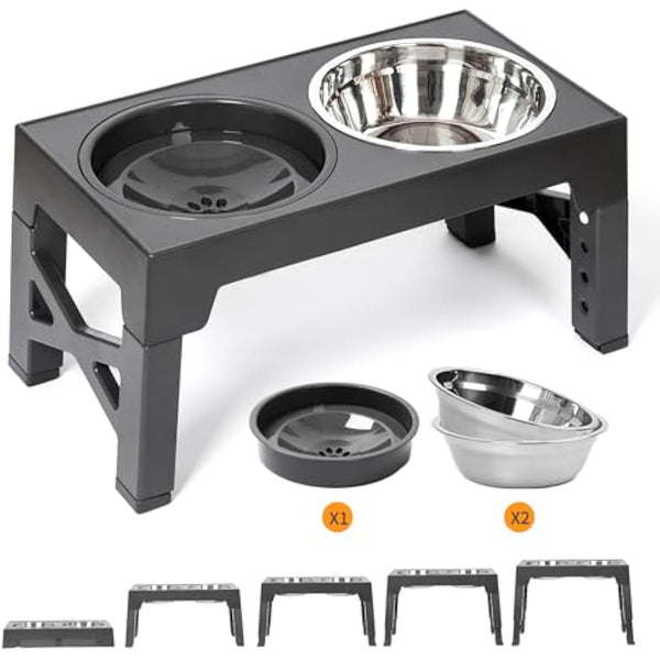 FOREYY Adjustable Elevated Dog Bowls with 2 Stainless Steel Bowls and 1 Float Bowl, Raised Dog Bowl 5 Heights, Non-Slip Dog Food water Bowl Stand for Small Medium Large Dogs(Gray)