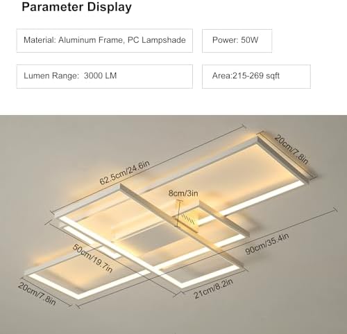 JIINOO Ceiling Light Dimmable LED Chandelier with Remote Control,Modern 50W 3-Layer Square Ceiling Lamp Acrylic Flush Mount Ceiling Lights Fixtures for Bedroom Dining Living Room Kitchen Office