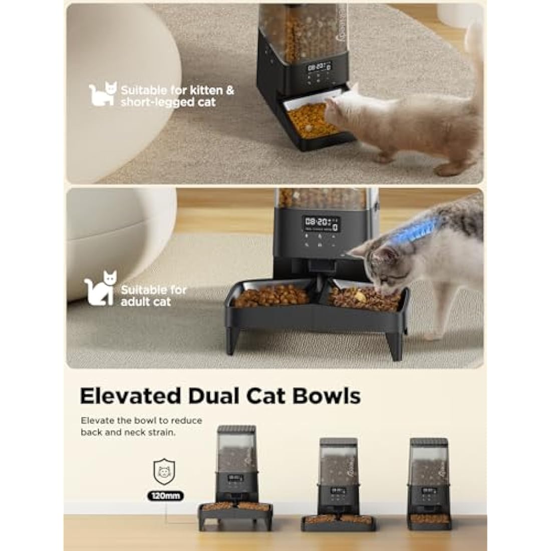 FEELNEEDY 5L Automatic Pet Feeder, Automatic Cat Feeder with Timer, Up to 6 Meals per Day with 2 Detachable Cat Bowls, Battery/Plug-in Power, 10s Voice Recording
