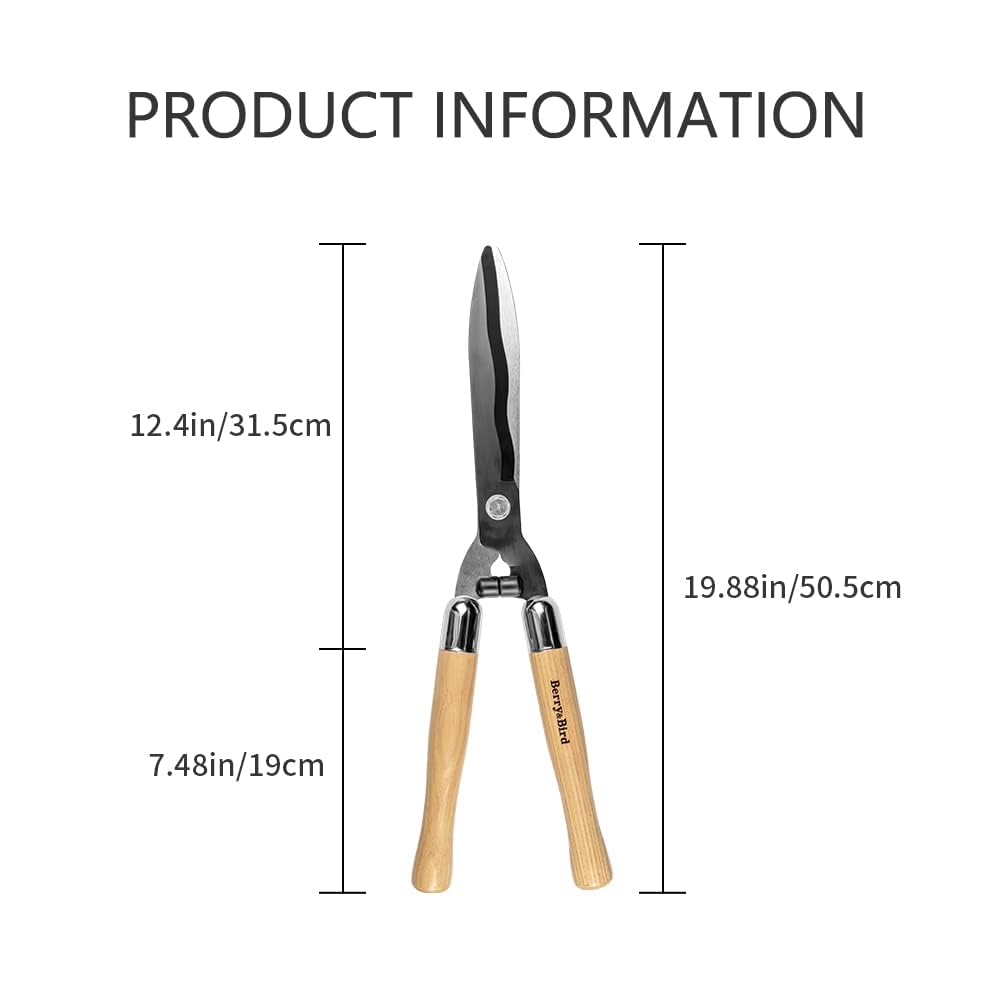 Berry&Bird Garden Hedge Shears, 50.5cm/19.88in Heavy Duty Pruning Shear for Trimming Borders and Bushes, Manual Hedge Clippers with Wooden Handle and