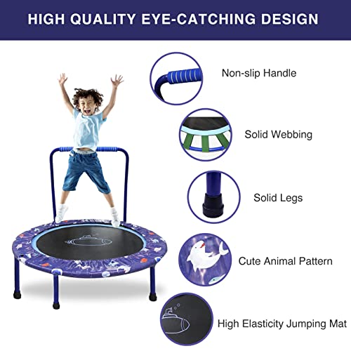 38" Kids Trampoline Mini Trampoline with Exercise Foldable Bungee Rebounder Adjustable Handrail Safety Padded Cover for Indoor Outdoor