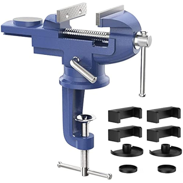Housolution Universal Table Vice 3 Inch, 360° Swivel Base Bench Clamp Home Repair Tool - Portable Work Bench for Woodworking, Cutting Conduit, Drilling, Metalworking - Blue