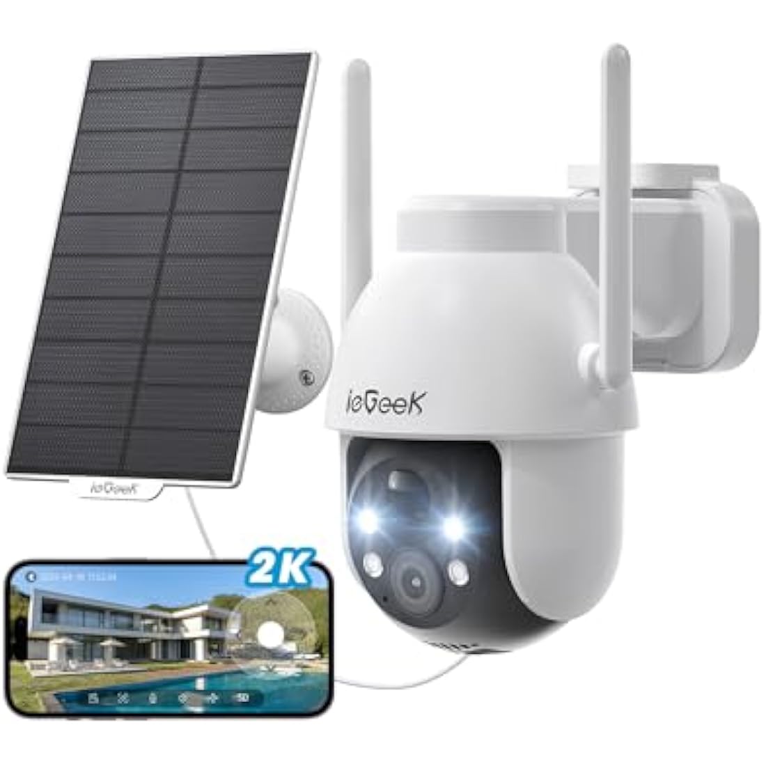 ieGeek 2K Solar Security Camera Outdoor Wireless, 360° Pan Battery Camera with Solar Panel, Wifi CCTV Camera Systems, Color Night Vision, PIR Motion Detection, 2-Way Audio, Works with Alexa