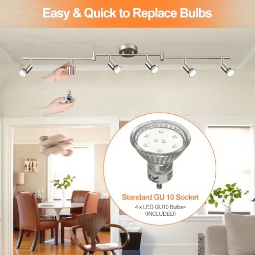 DINGLILIGHTING LED Ceiling Spotlight, 6-Way Rotatable, Matt Nickel Finish, 6x4W GU10 LED Bulbs (400LM, 3000K), For Kitchen, Living Room, Bedroom