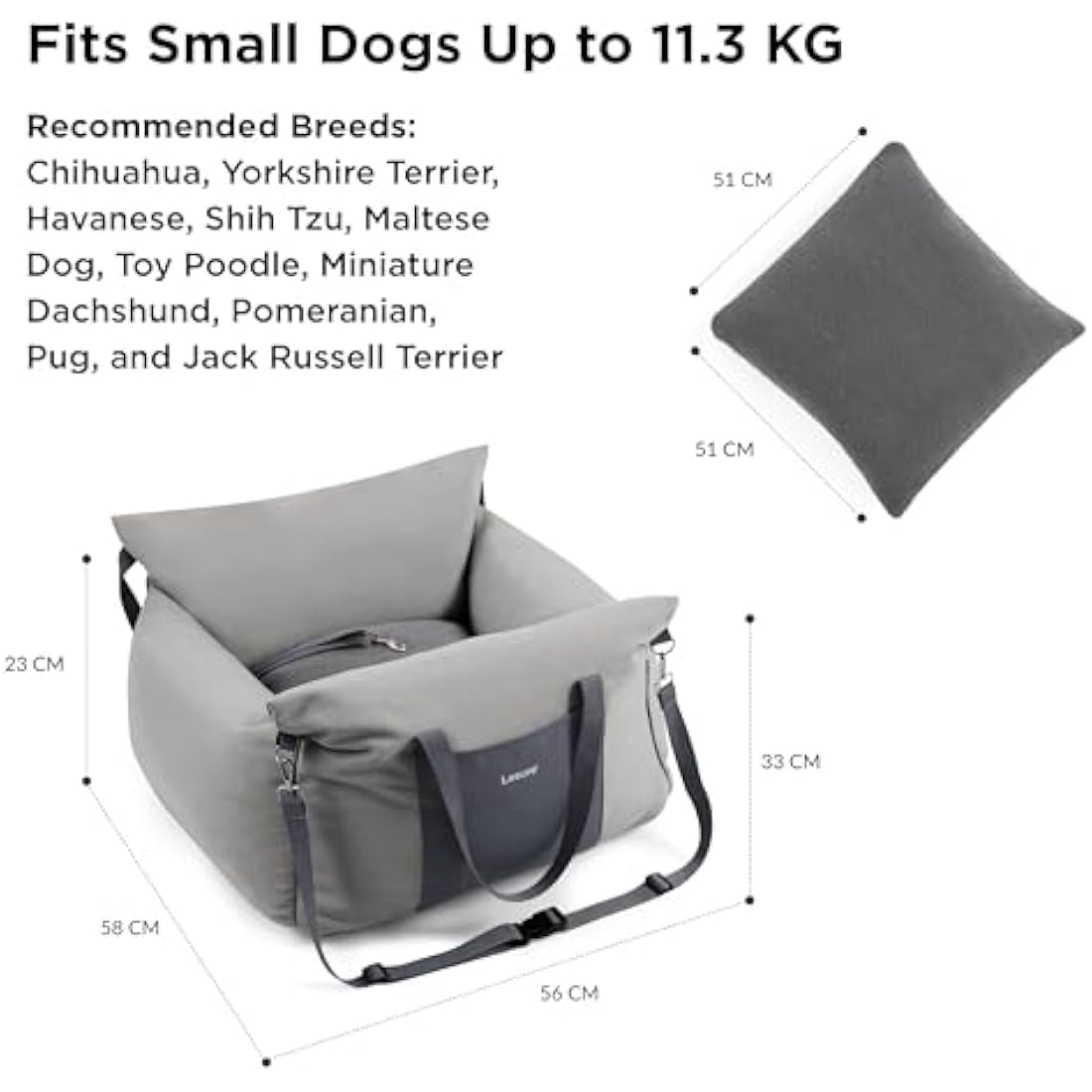 Lesure Dog Car Seat for Medium Dog - Waterproof Dog Booster Seat for Car with Storage Pockets, Clip-On Safety Leash and Chopped Foam Filling, Small Pets Travel Carrier Bed, 58x56x33cm, Grey