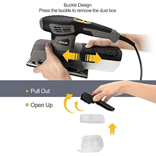 Jellas Sander, 220W 1/3 Sheet Sander, 12000RPM 6 Variable Speeds Electric Sander for Wood with Dust Collection Box, 12Pcs Sanding Sheets, Fast Paper Clamping Mechanism