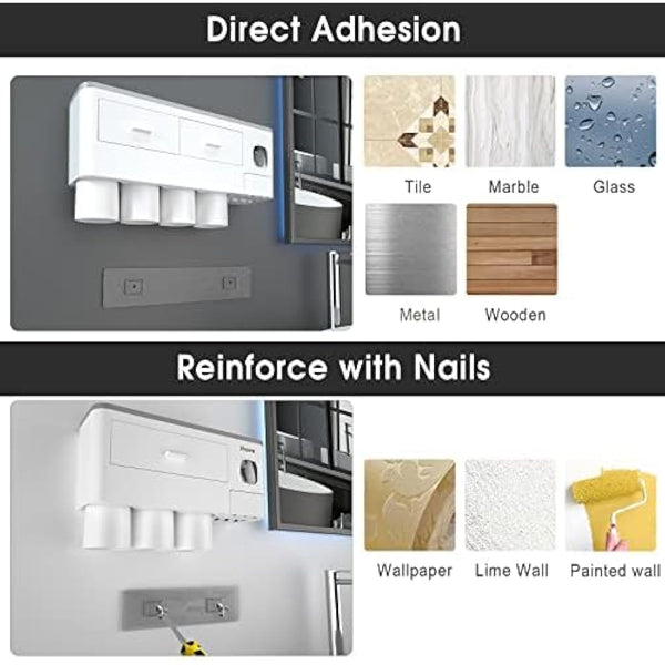 iHave Toothbrush Holders for Bathroom, 4 Cups Toothbrush Holder Wall Mounted with Toothpaste Dispenser - Large Capacity Tray, 2 Cosmetic Drawer - Bathroom Storage & Organisation