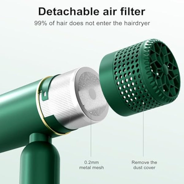 7MAGIC Travel Ionic Hair Dryer, Lightweight Foldable Blow Dryer with Diffuser for Curly Hair & Constant Temperature Care, Anti-Hair Suction Technology Hairdryers for Women, Green